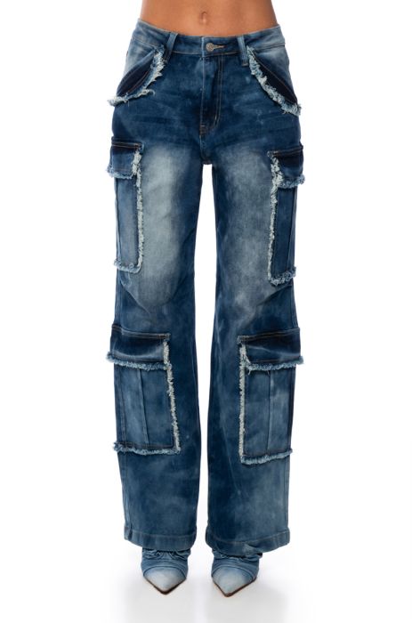 BABY GIRL DENIM CARGO PANTS in medium blue denim