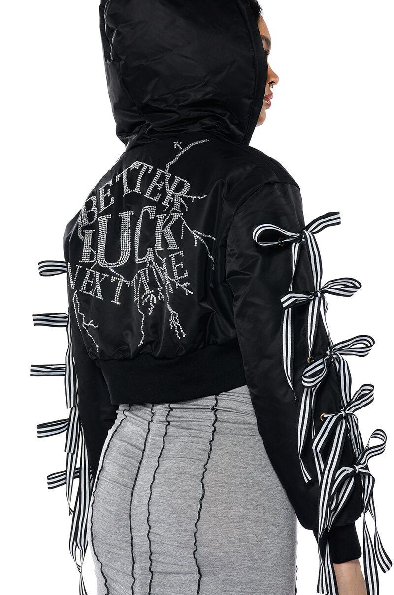 BETTER LUCK NEXT TIME BOMBER WITH LACES in BLACK MULTI