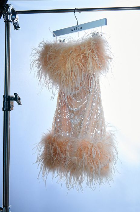 BON ANNIVERSAIRE FEATHER TRIM SEQUIN MINI DRESS IN BEIGE