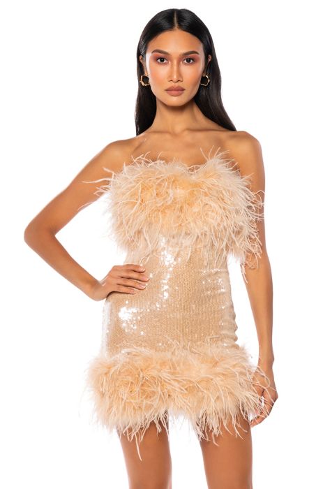 BON ANNIVERSAIRE FEATHER TRIM SEQUIN MINI DRESS IN BEIGE