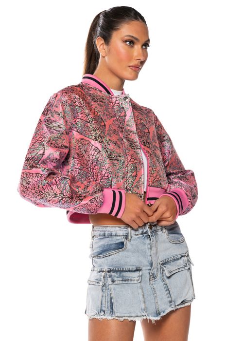 BROCADE TAPESTRY SPRING BOMBER in PINK MULTI