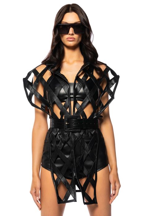 CAGED PU MOTO VEST WITH FRONT DRAPE in black