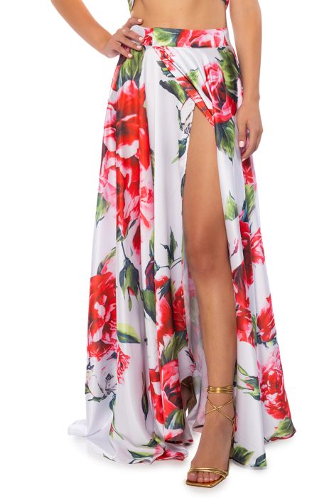 CARAMELLA MAXI SATIN WRAP SKIRT IN WHITE FLORAL