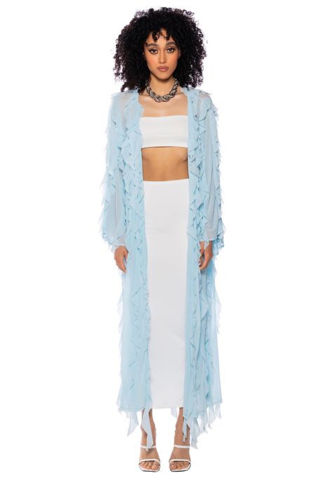 CASCADE RUFFLE MESH DUSTER in light blue