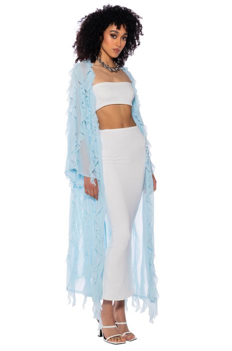 CASCADE RUFFLE MESH DUSTER in light blue