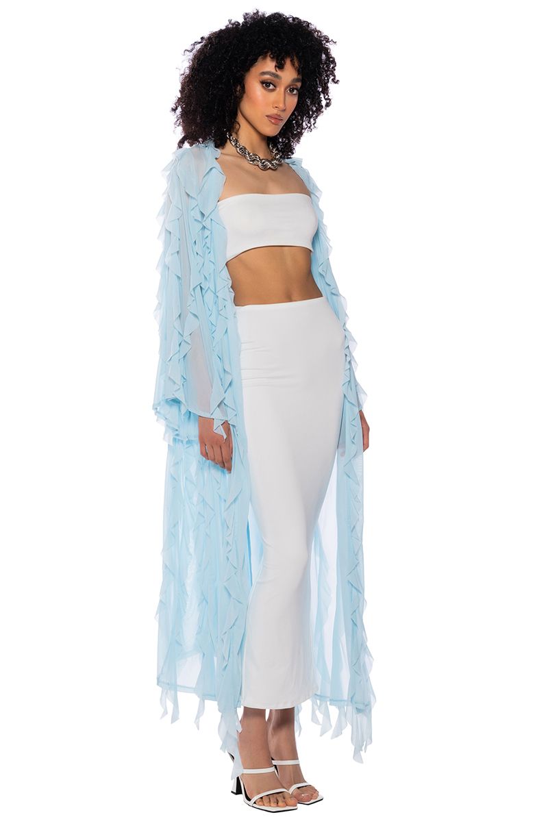 CASCADE RUFFLE MESH DUSTER in light blue