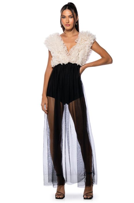 CASS V NECK SHEER MAXI DRESS IN BLACK WHITE