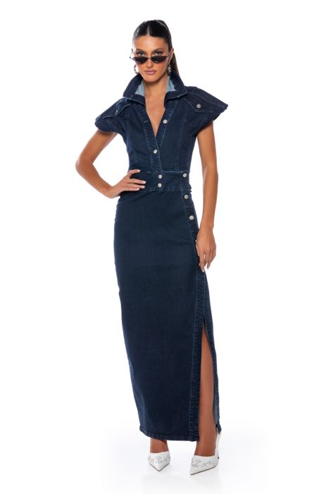 CHELSEA BUTTON SIDE DENIM MAXI DRESS in DARK BLUE