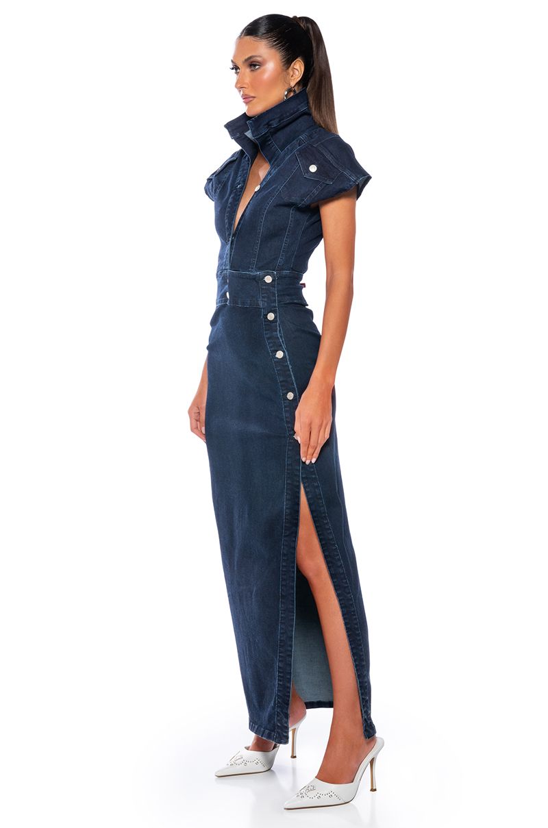 CHELSEA BUTTON SIDE DENIM MAXI DRESS in DARK BLUE