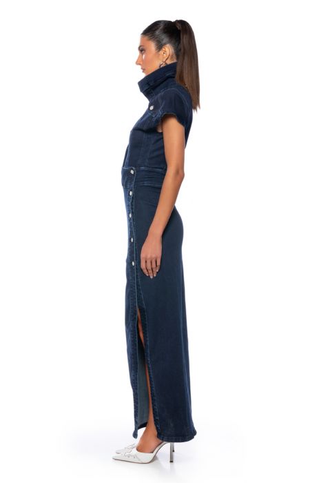 CHELSEA BUTTON SIDE DENIM MAXI DRESS in DARK BLUE
