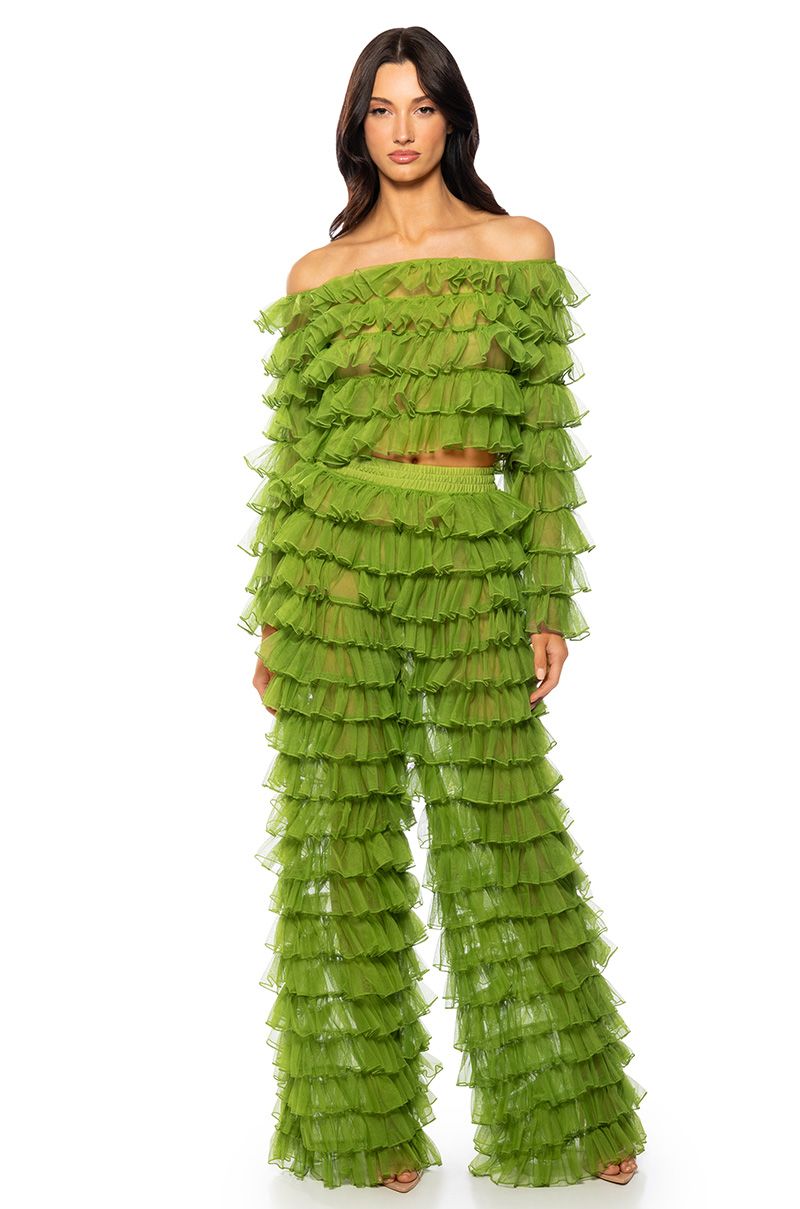 CLARITY RUFFLED PALAZZO PANT IN LIGHT GREEN