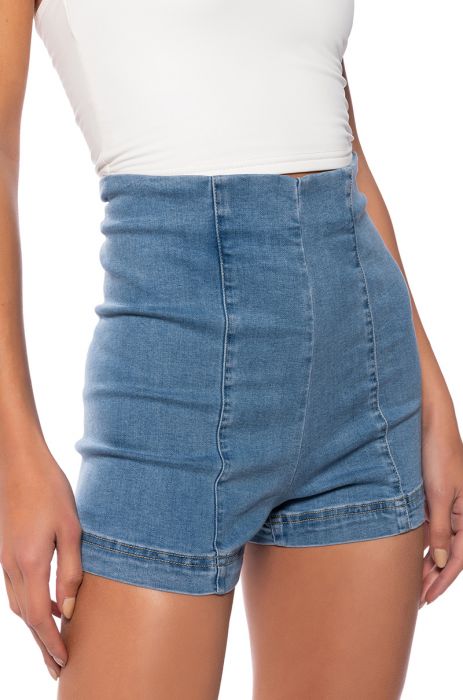 CLUB HIGH WAISTED DENIM SHORTS IN LIGHT BLUE DENIM