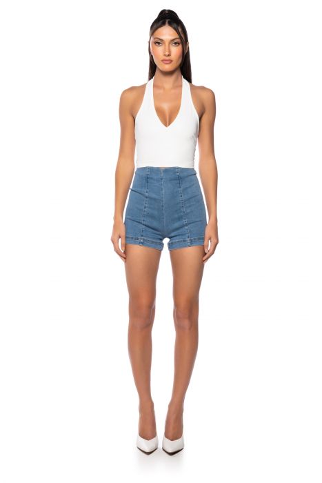 CLUB HIGH WAISTED DENIM SHORTS IN LIGHT BLUE DENIM