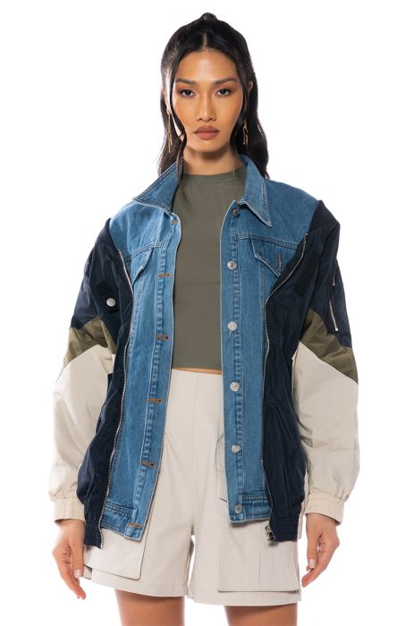 COOLER THAN COOL MIXED MEDIA BOMBER IN MULTI