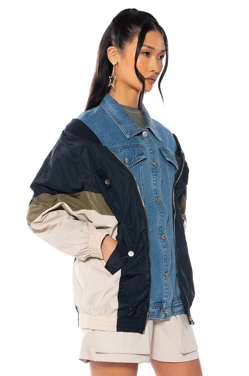 COOLER THAN COOL MIXED MEDIA BOMBER IN MULTI