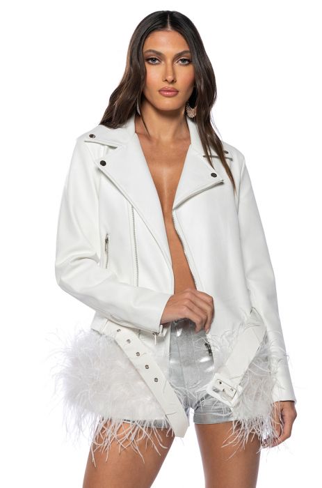 COZY CORNER OVERSIZED MOTO WITH FEATHER TRIM in WHITE
