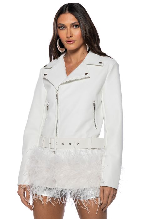 COZY CORNER OVERSIZED MOTO WITH FEATHER TRIM in WHITE