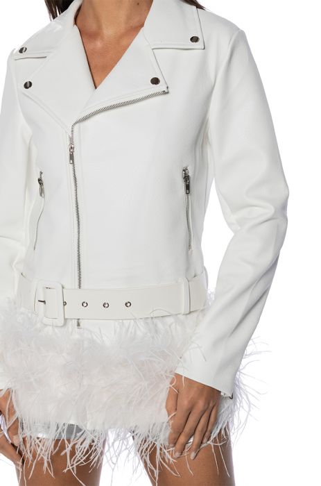 COZY CORNER OVERSIZED MOTO WITH FEATHER TRIM in WHITE