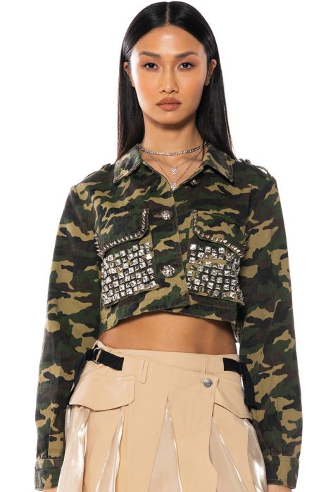 CROP CAMO JACKET WITH STUDS in GREEN CAMO