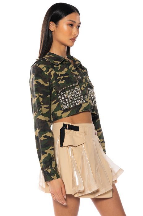 CROP CAMO JACKET WITH STUDS in GREEN CAMO
