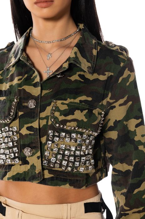CROP CAMO JACKET WITH STUDS in GREEN CAMO