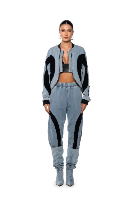CURVE EFFECT RIBBED TRIM DENIM BOMBER in denim