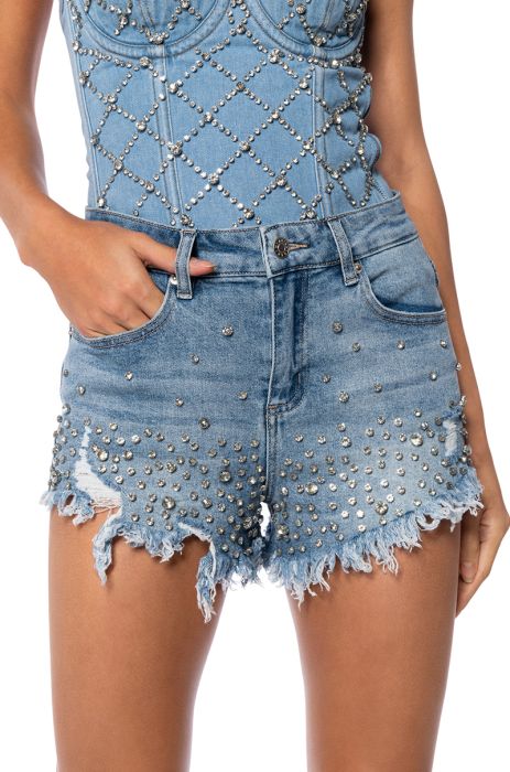 DANCING IN THE RAIN DISTRESSED RHINESTONE DENIM SHORTS in medium blue denim