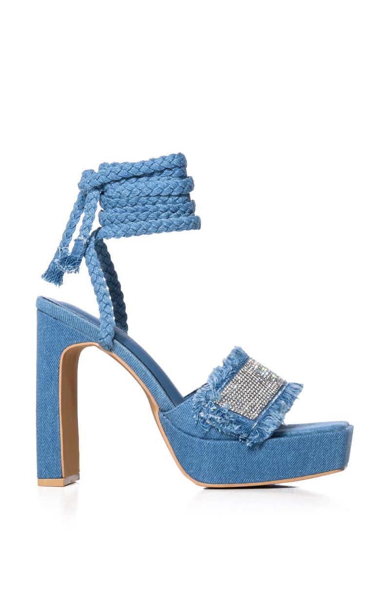 DANNIE CHUNKY EMBELLISHED LACE UP DENIM SANDAL IN BLUE