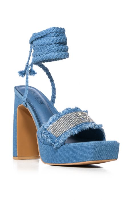 DANNIE CHUNKY EMBELLISHED LACE UP DENIM SANDAL IN BLUE