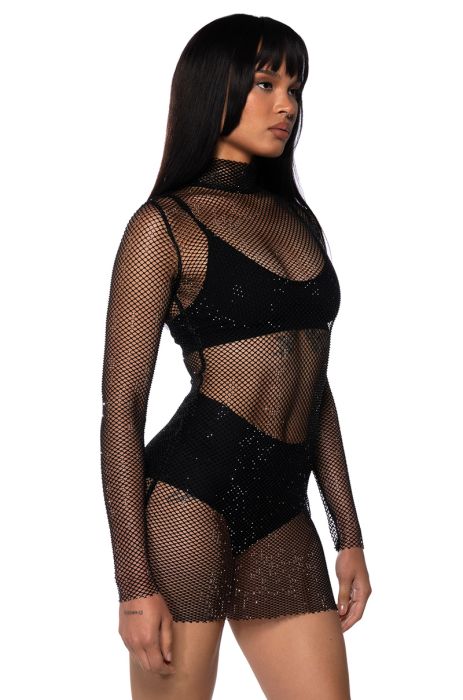 DAZZLE YOU RHINESTONE MINI DRESS IN BLACK