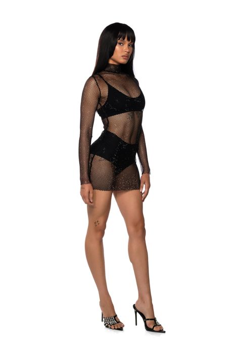 DAZZLE YOU RHINESTONE MINI DRESS IN BLACK