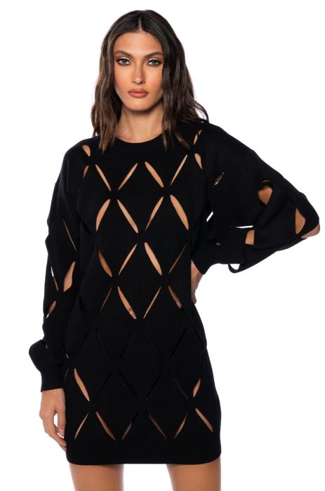 DIAMOND CUT OVERSIZED SWEATER DRESS IN BLACK