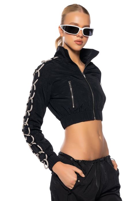 DIAMOND LACE UP TRACK JACKET IN BLACK GLITTER