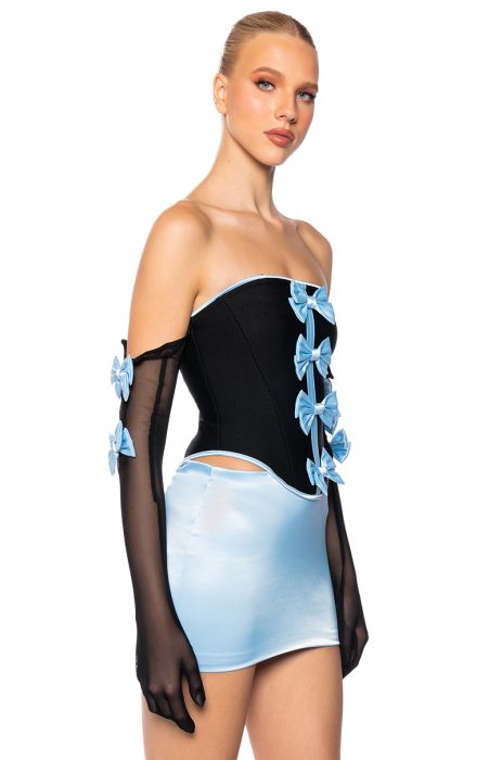 DREA BANDAGE CORSET DETAIL DRESS WITH GLOVES IN LIGHT BLUE