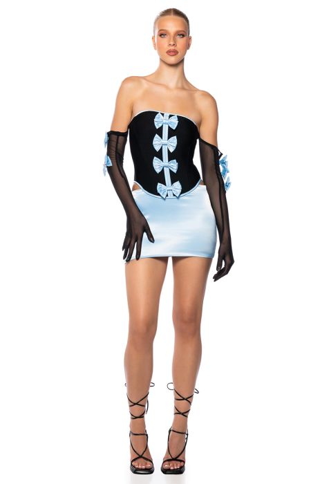DREA BANDAGE CORSET DETAIL DRESS WITH GLOVES IN LIGHT BLUE
