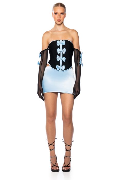 DREA BANDAGE CORSET DETAIL DRESS WITH GLOVES IN LIGHT BLUE