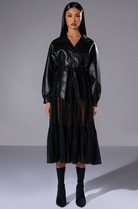 DUALITY CROP PU TRENCH WITH CHIFFON SKIRT IN BLACK