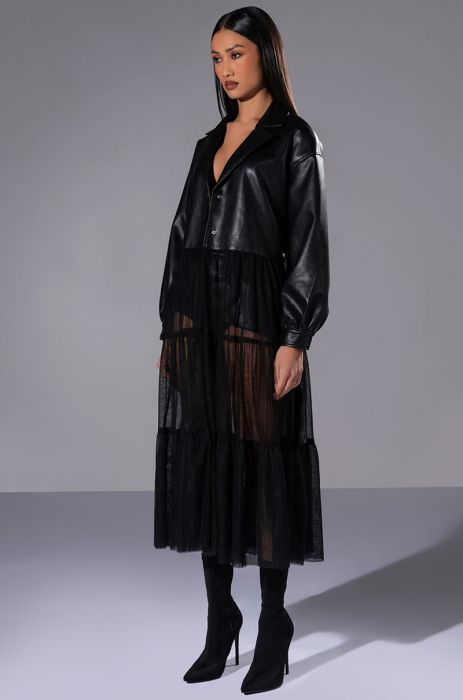 DUALITY CROP PU TRENCH WITH CHIFFON SKIRT IN BLACK