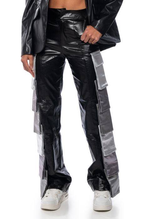 DYNAMITE METALLIC FAUX LEATHER CARGO PANTS in black multi