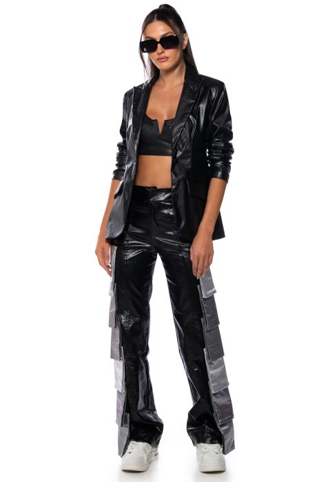 DYNAMITE METALLIC FAUX LEATHER CARGO PANTS in black multi