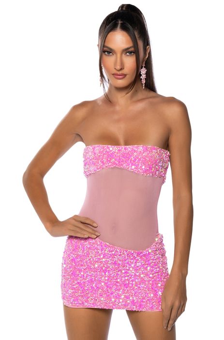 ENJOY THE VIEW MESH PANEL SEQUIN MINI DRESS in black, pink