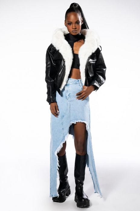 FEELING MYSELF MOTO BOMBER WITH FUR LINING IN BLACK WHITE