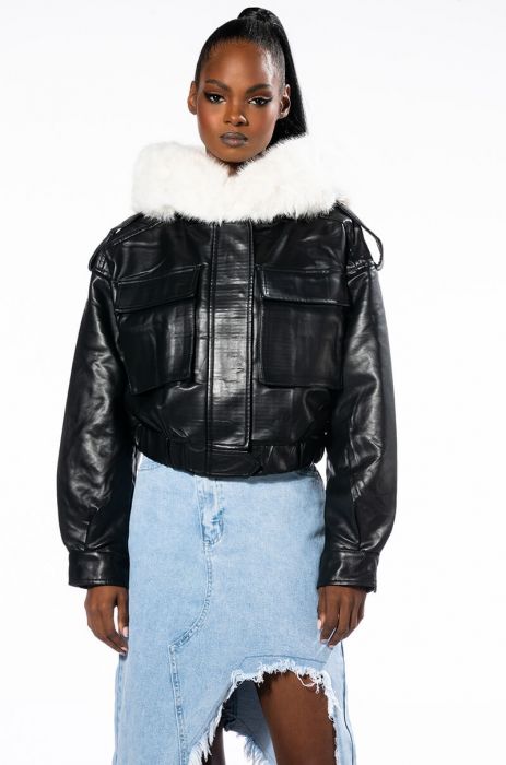 FEELING MYSELF MOTO BOMBER WITH FUR LINING IN BLACK WHITE