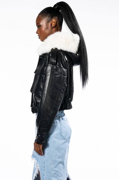 FEELING MYSELF MOTO BOMBER WITH FUR LINING IN BLACK WHITE