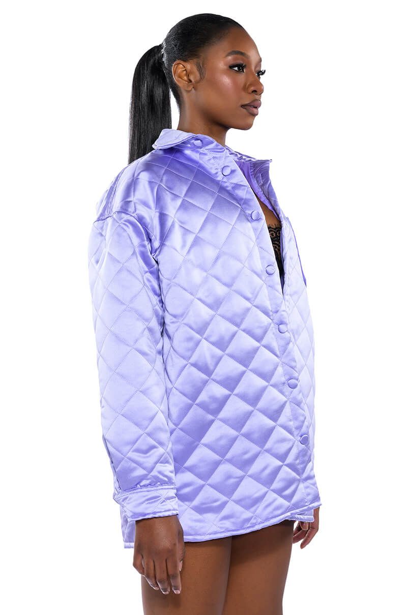 FIELD OF DREAMS SATIN QUILTED SHACKET in LIGHT PURPLE