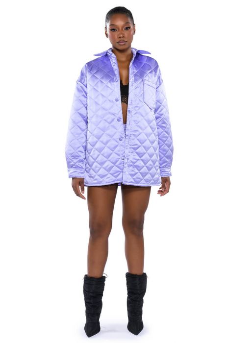 FIELD OF DREAMS SATIN QUILTED SHACKET in LIGHT PURPLE