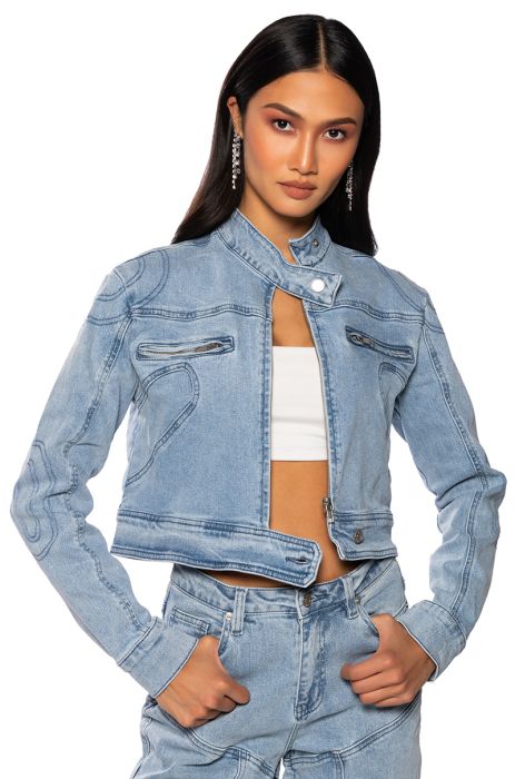 FIRST IMPRESSIONS FITTED DENIM MOTO JACKET IN LIGHT BLUE DENIM