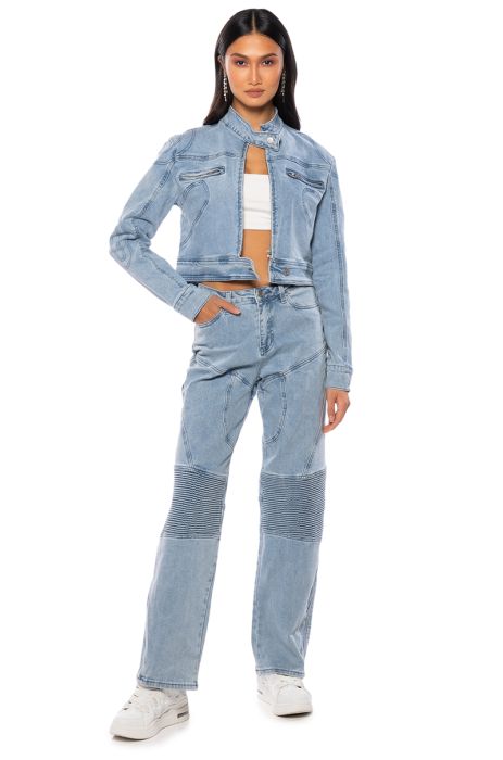 FIRST IMPRESSIONS FITTED DENIM MOTO JACKET IN LIGHT BLUE DENIM