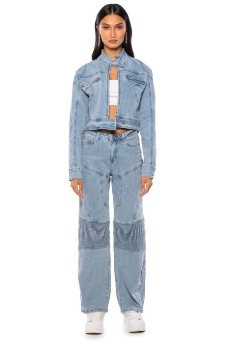 FIRST IMPRESSIONS FITTED DENIM MOTO JACKET IN LIGHT BLUE DENIM