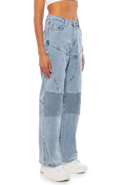 FIRST IMPRESSIONS STRAIGHT LEG MOTO JEANS IN LIGHT BLUE